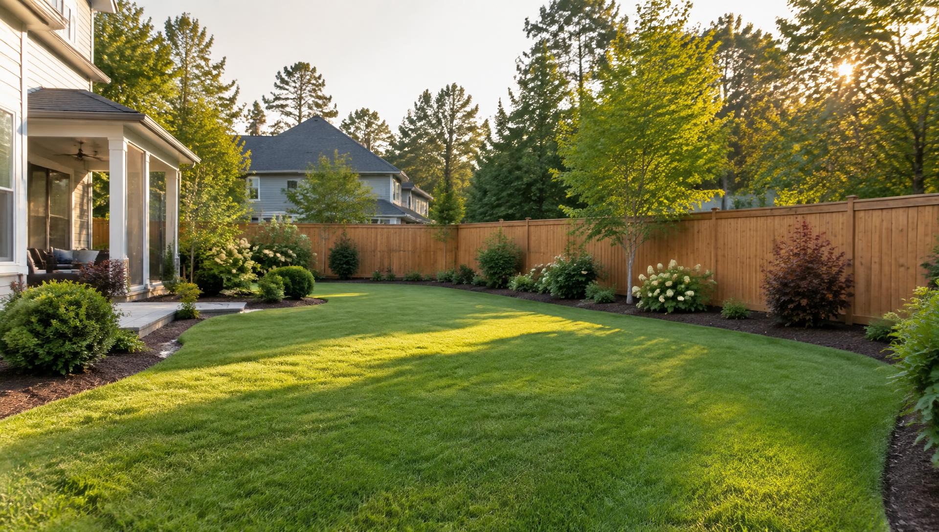 Maintained backyard lawn with landscape beds and a privacy fence