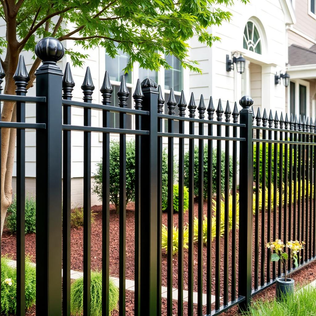 Black metal fence in front of a landscaped home