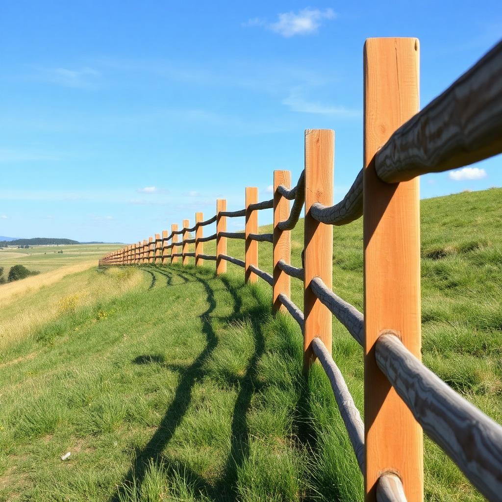 Wood rail fence running across a grassy hillside