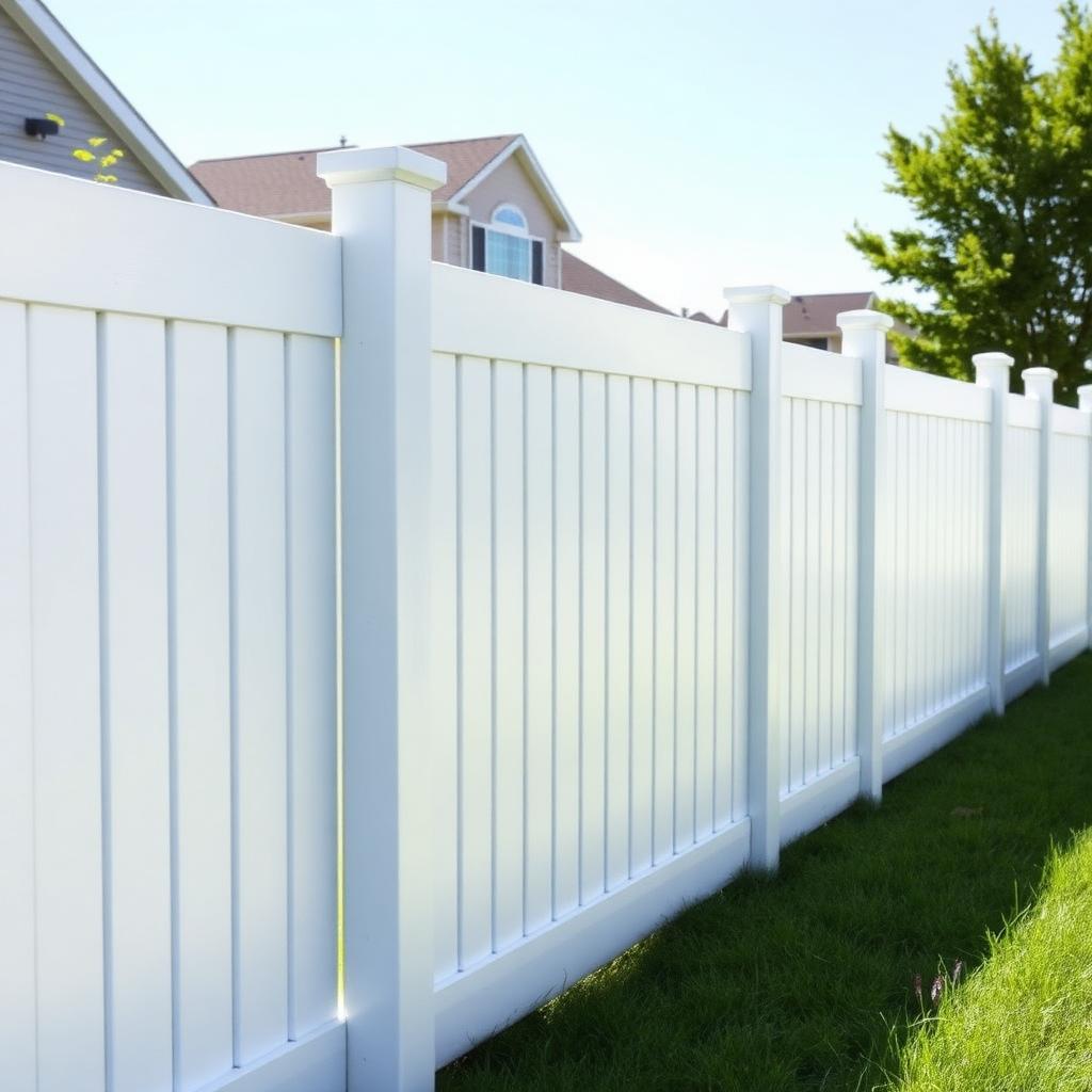White privacy fence installed along a green suburban lawn