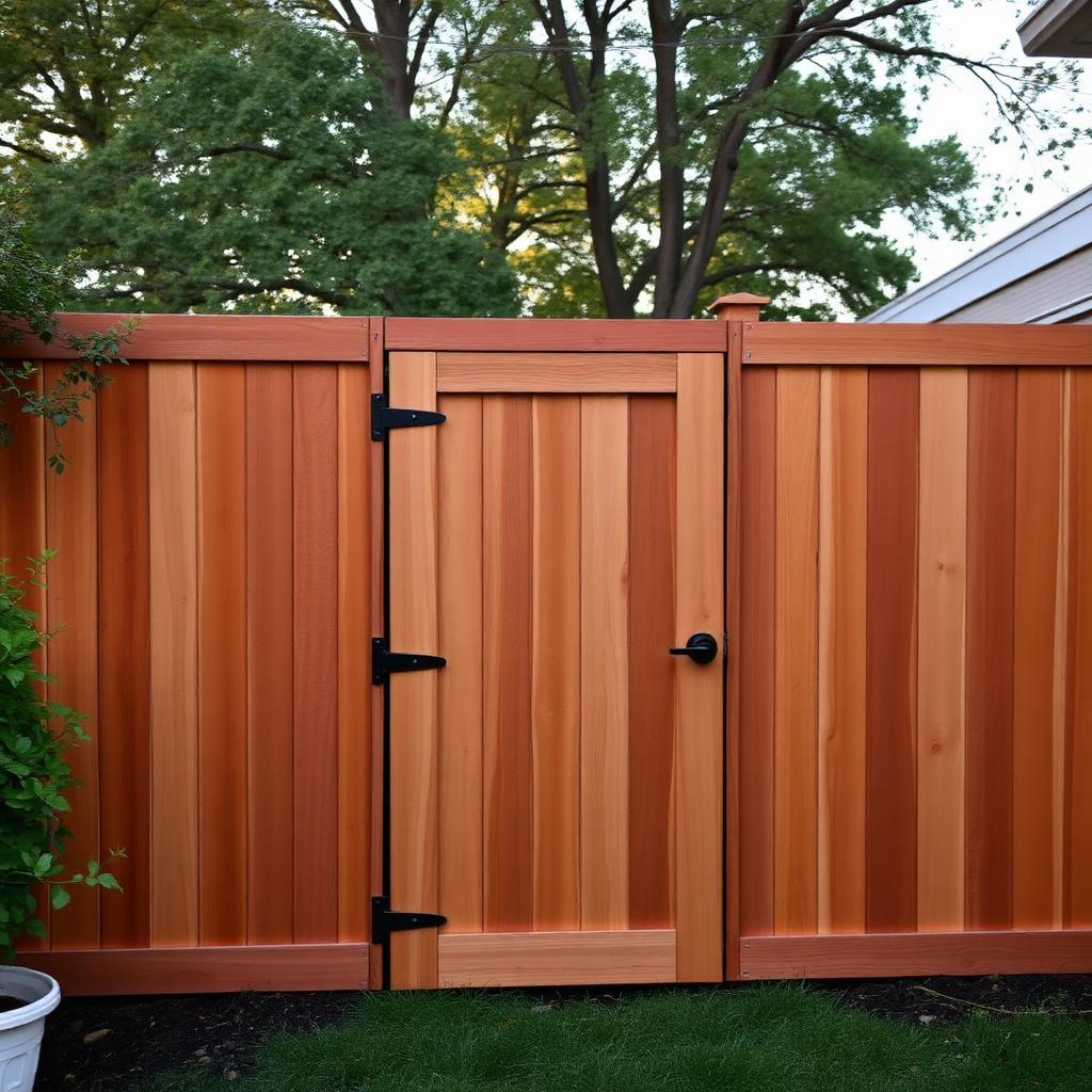 Wood privacy fence with a matching gate and black hardware